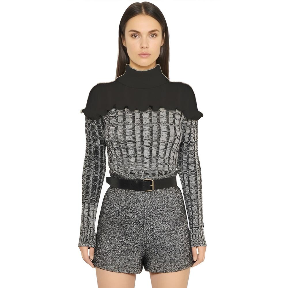 Philosophy Di Lorenzo Serafini Ruffled Merino Wool Cable Knit Sweater Gray Small